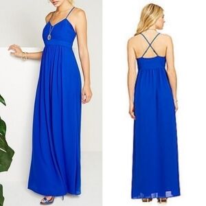 Badgley Mischka Belle Blue X-Back Formal Chiffon Maxi Dress